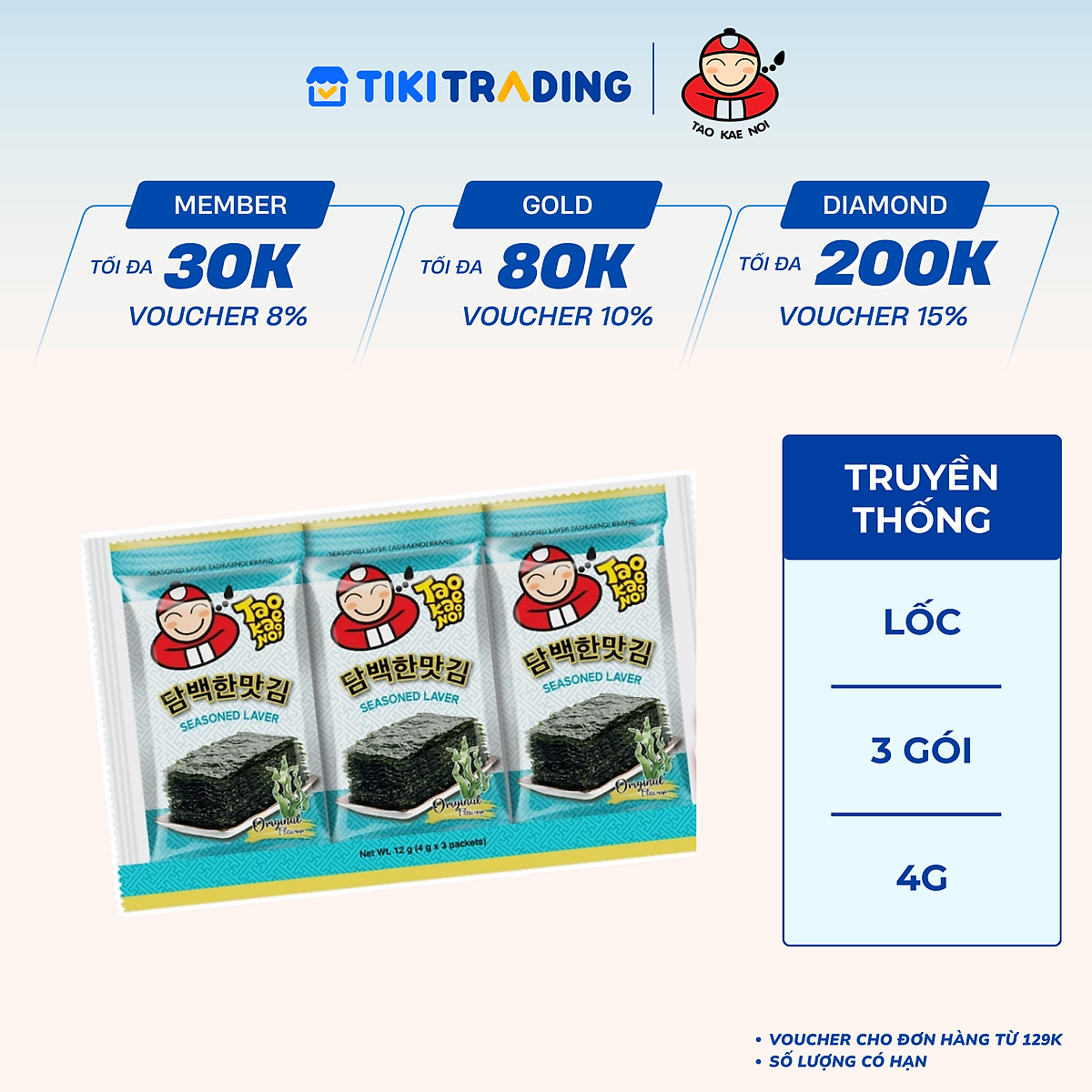 Lốc 3 Gói Rong Biển Taokaenoi Season Laver Vị Truyền Thống 4G