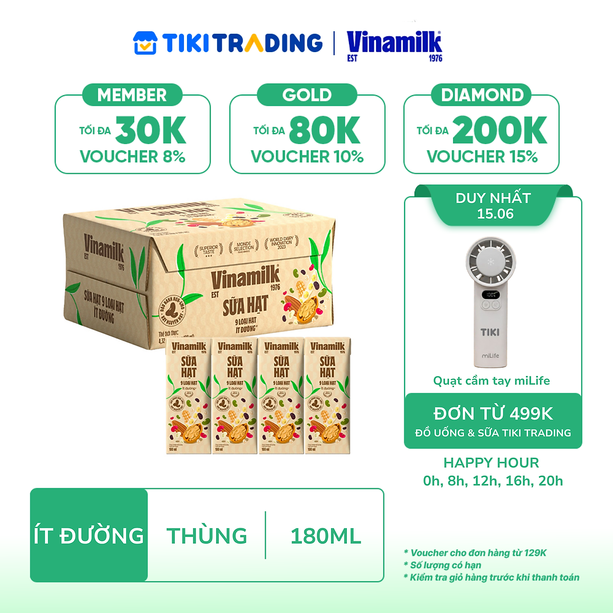 Thùng 24 hộp Sữa hạt 9 loại hạt Vinamilk ít đường - hộp 180ml