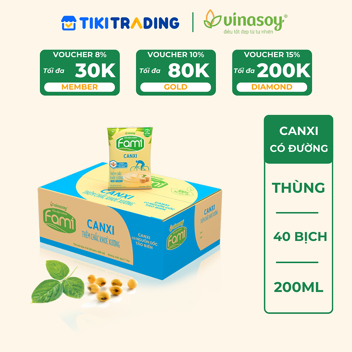 Thùng Sữa Đậu Nành Vinasoy Fami Canxi Nguyên vị (200ml x 40 Bịch)