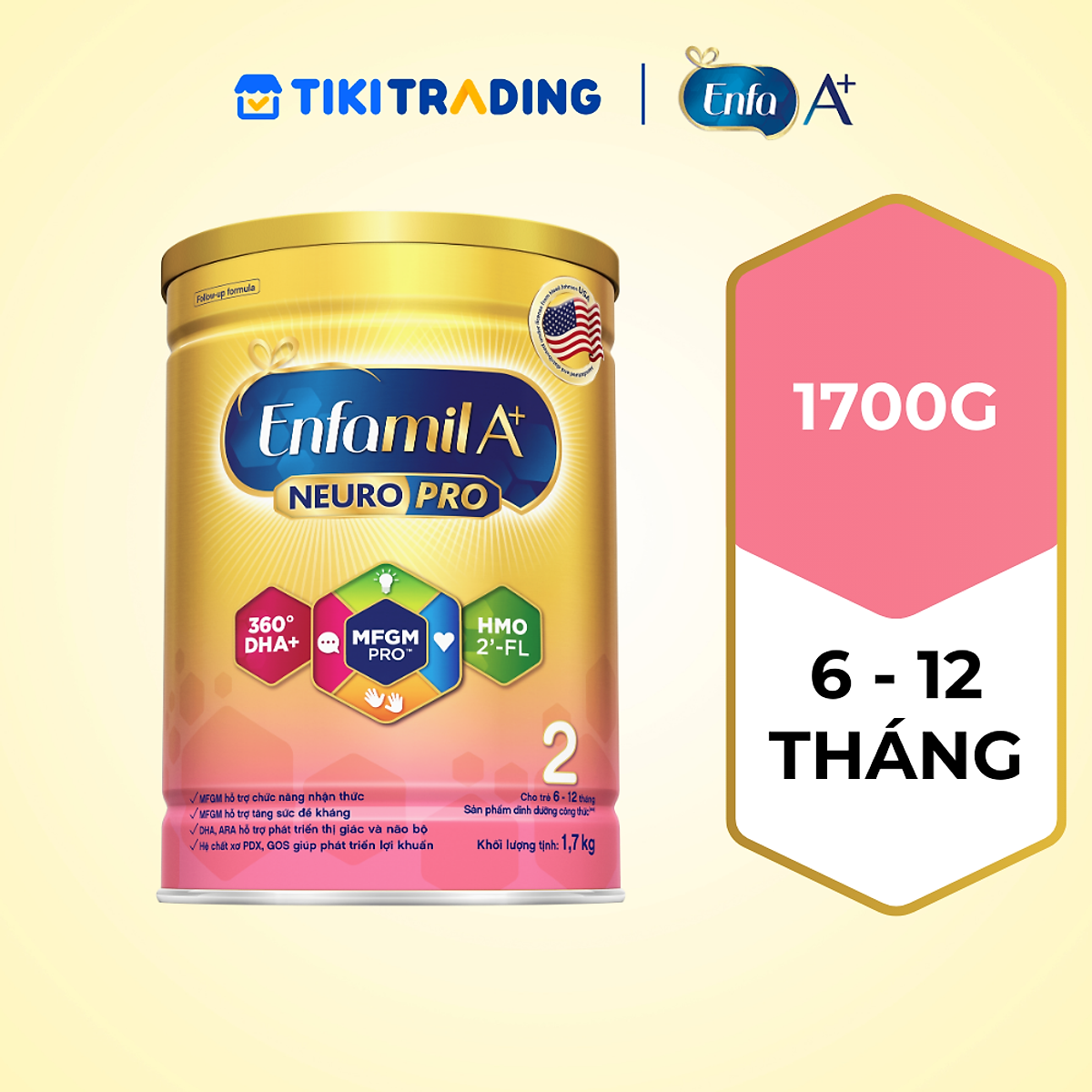 Sữa bột Enfamil A+ Neuropro 2 1.7kg với DHA giúp phát triển não bộ cho trẻ từ 6 –12 tháng tuổi