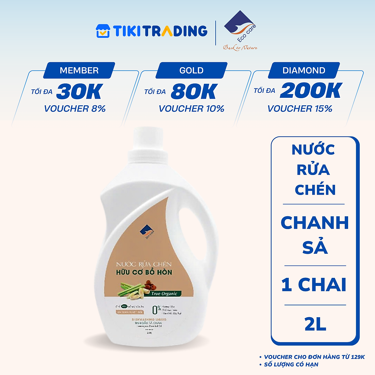 Nước rửa chén hữu cơ Bồ hòn Ecocare Chai 2000ml - Sả Chanh