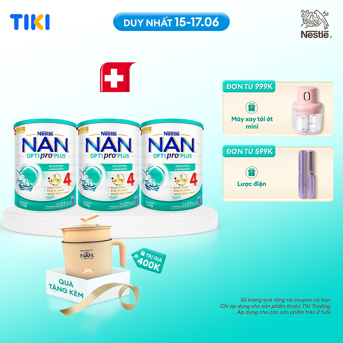 Bộ 3 Lon Sữa bột Nestlé NAN OPTIPRO PLUS 4 1500g/lon Giúp tiêu hóa tốt + Tăng cường đề kháng (2 - 6 tuổi) - Tặng Nồi lẩu điện A2