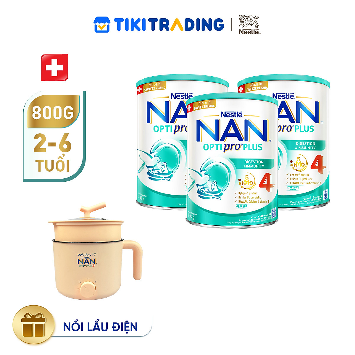 Bộ 3 lon Sữa bột NAN OPTIPRO PLUS 4 Nestle Bé 2-6 tuổi 800g/lon Giúp tiêu hóa tốt - Nồi đa năng