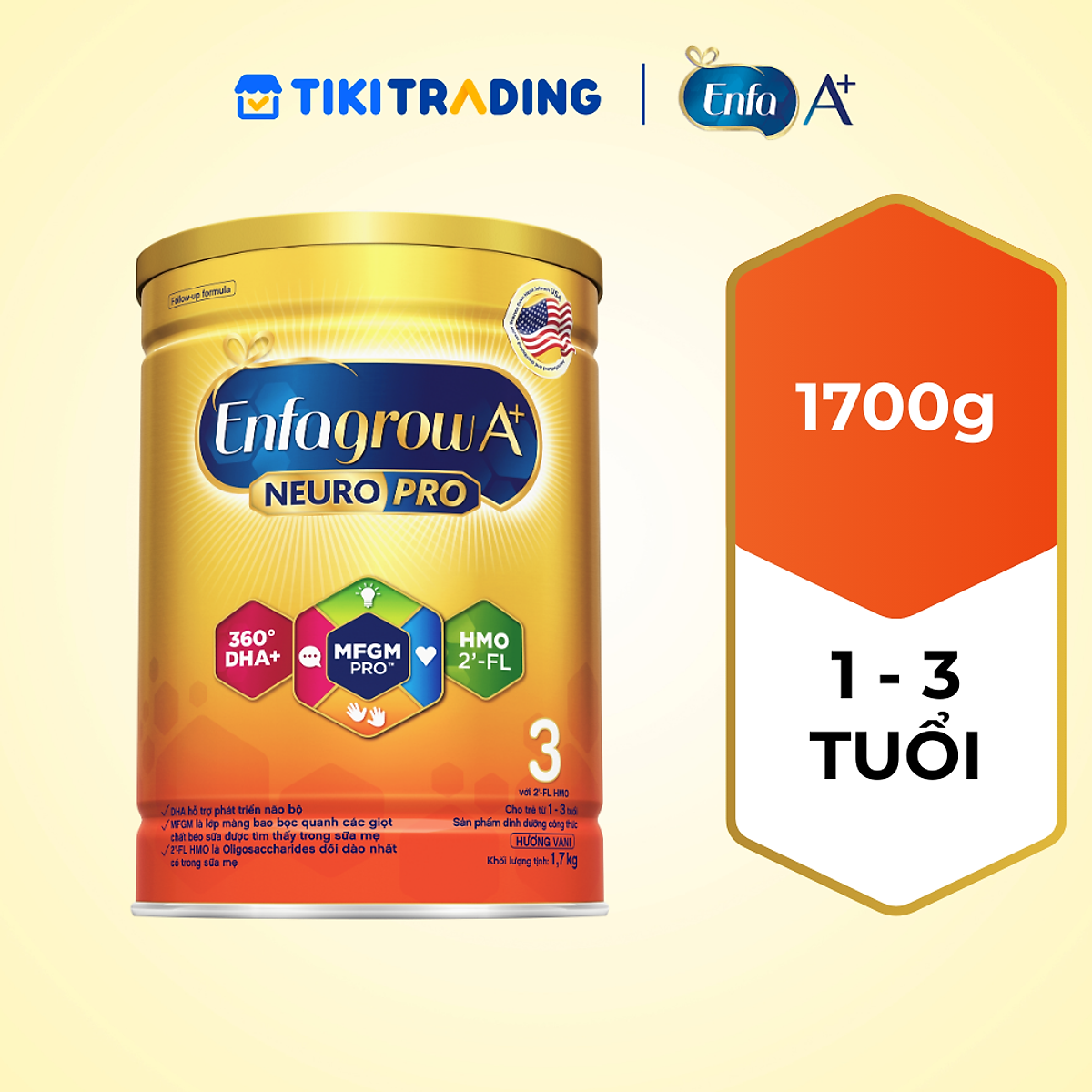 Sữa Bột Enfagrow A+ Neuropro 3 1.7kg với DHA giúp phát triển não bộ cho trẻ từ 1-3 tuổi