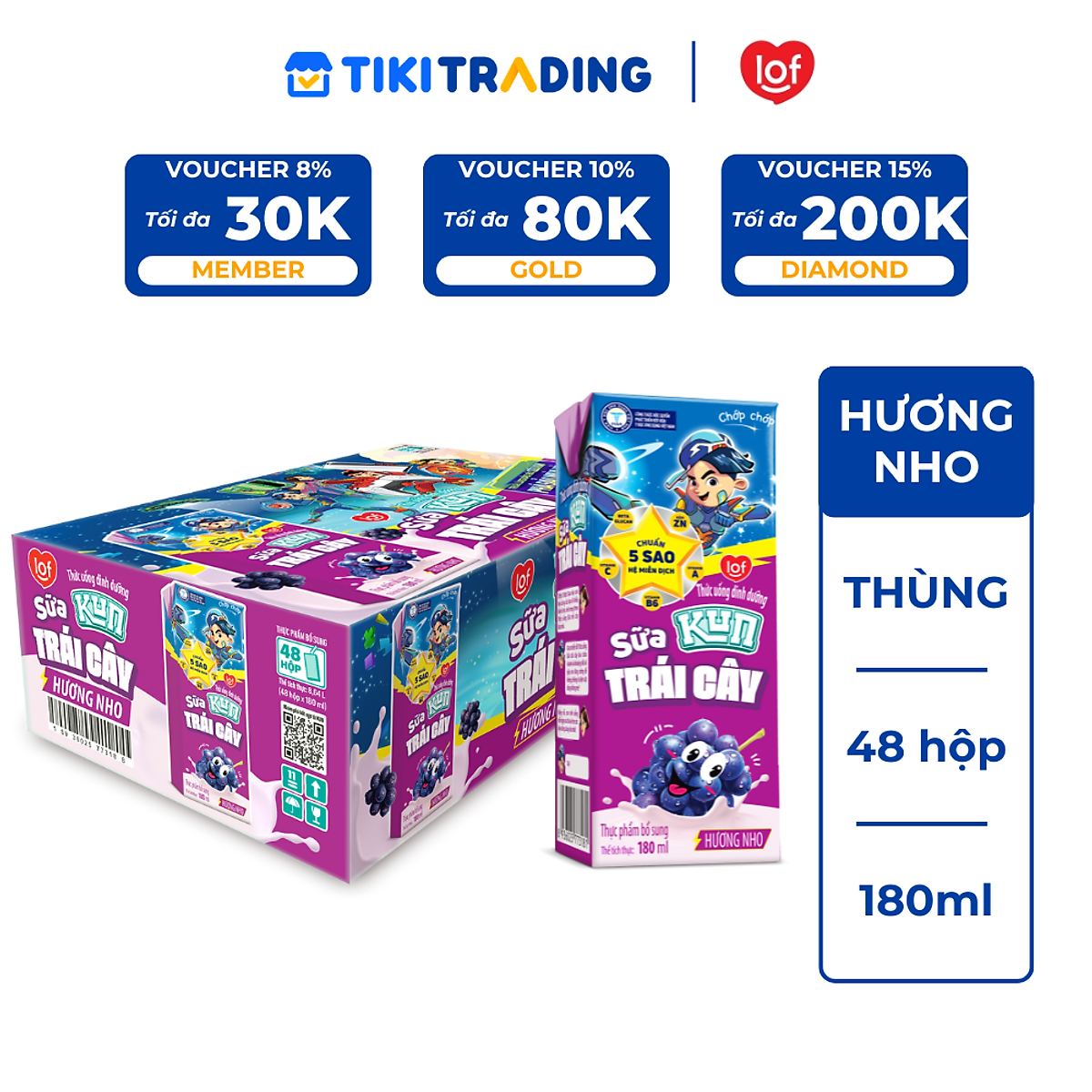 Thùng 48 Hộp Sữa Trái Cây Hương Nho KUN 180ml/hộp(có thẻ)