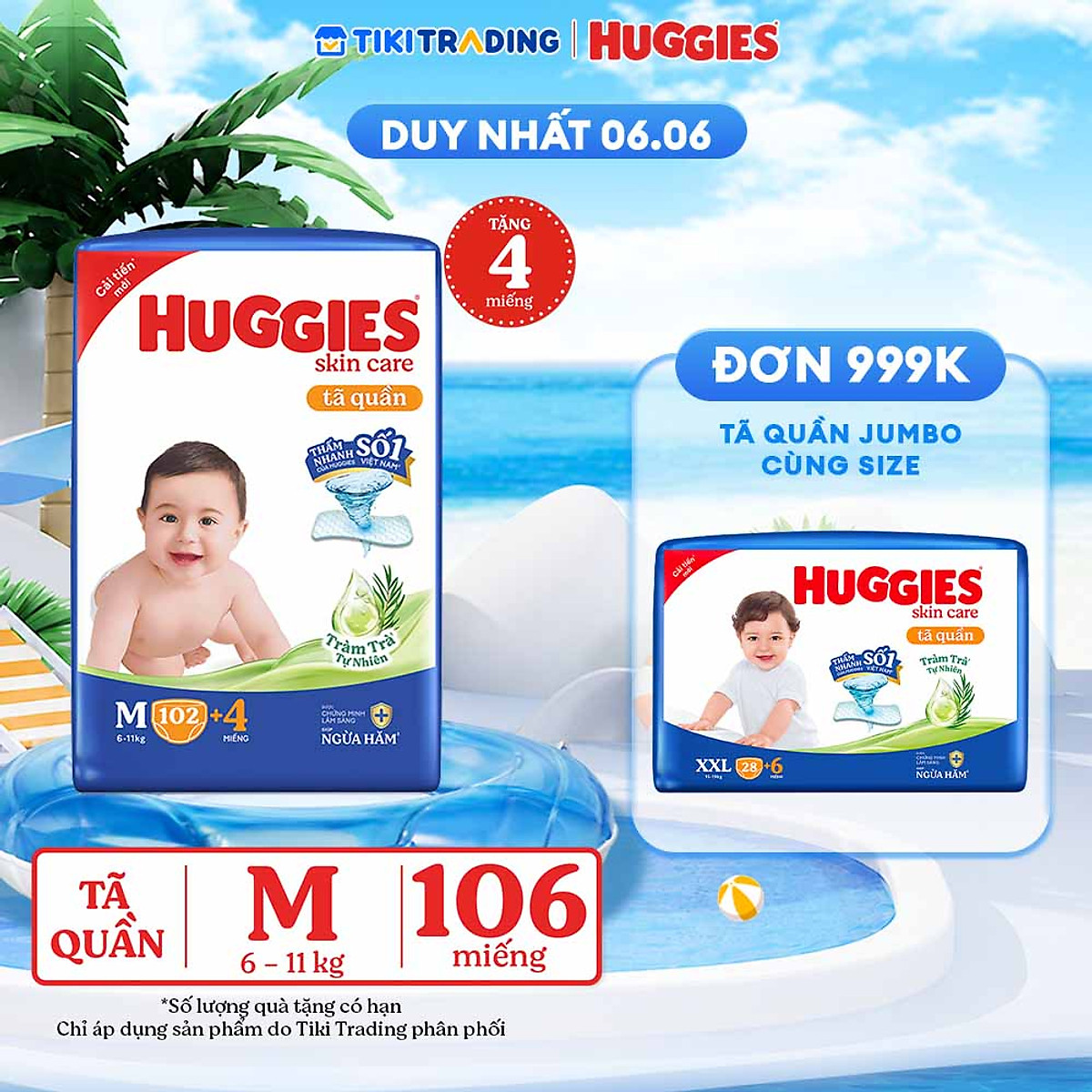 Tã/bỉm quần Huggies Skin Care Mega Jumbo M102+4 miếng với tràm trà dịu da