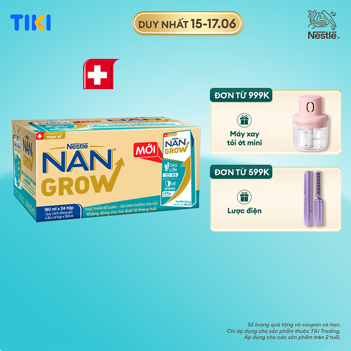 Thùng sữa bột pha sẵn Nestlé NANGROW 6(4x180ml) sữa mát công thức từ Thụy Sĩ với 100% Canxi giúp bé cao lớn vượt trội dành cho bé từ 1 tuổi