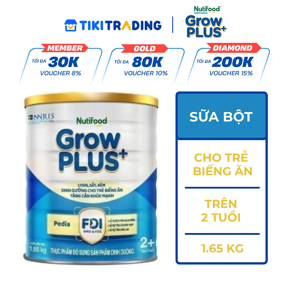 Sữa Bột GrowPLUS+ Biếng Ăn (Xanh) cho trẻ tăng cân khoẻ mạnh 2+ Lon 1,65KG
