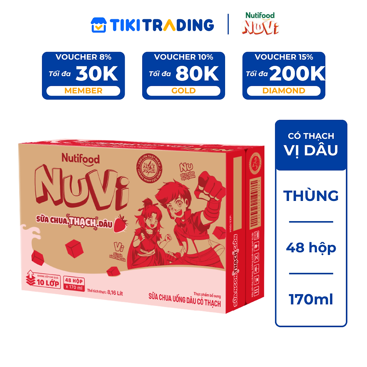 Thùng Sữa Chua Uống Có Thạch Nuvi Vị Dâu 170ml (Hộp 170ml x 48) - Tăng Chiều Cao, Mắt Sáng
