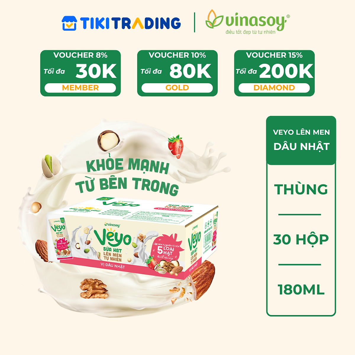 Thùng Veyo Sữa hạt lên men tự nhiên Vị Dâu Nhật (30hộp x 180ml)