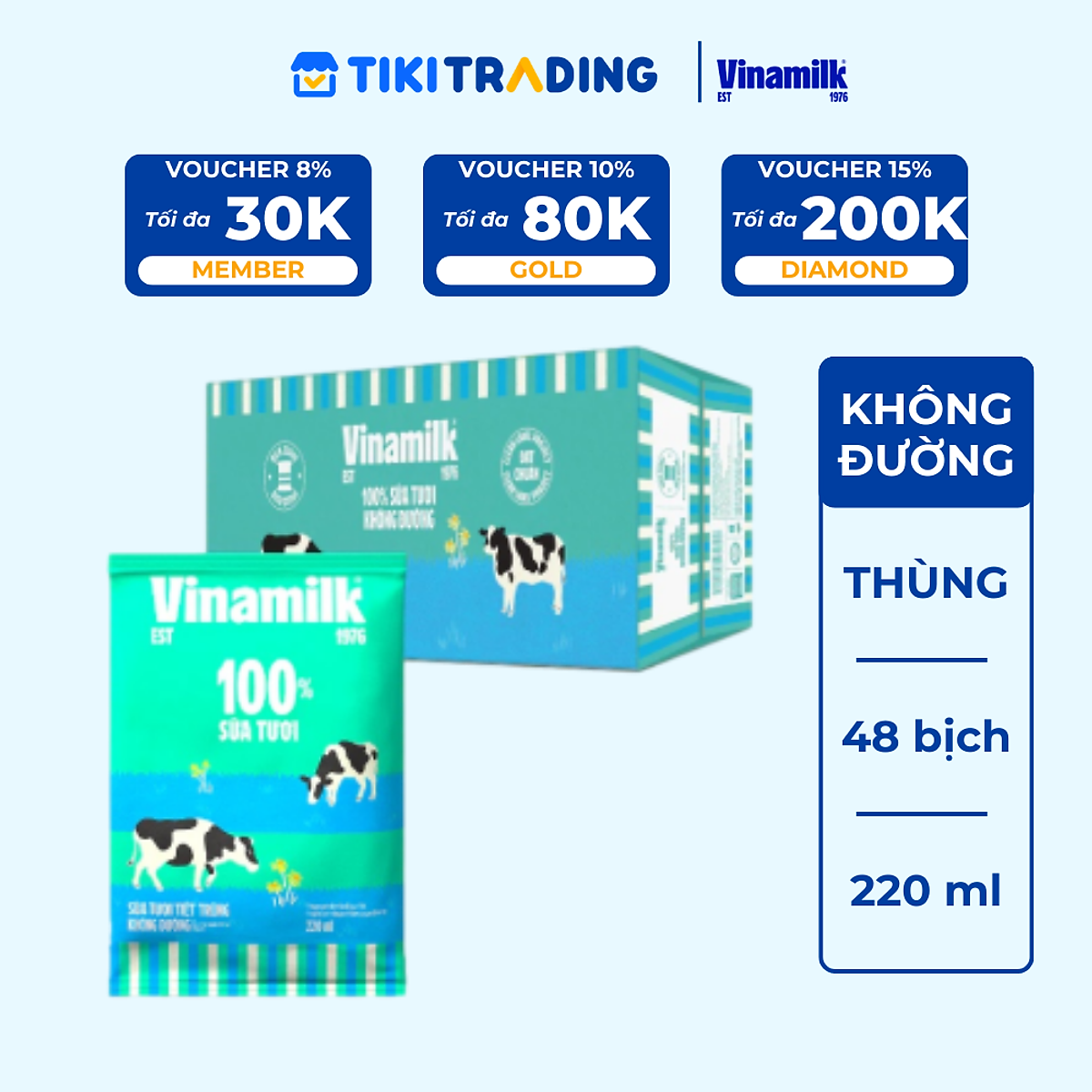 Thùng 48 Bịch Sữa Tươi Tiệt Trùng Vinamilk 100% Không Đường (220ml)
