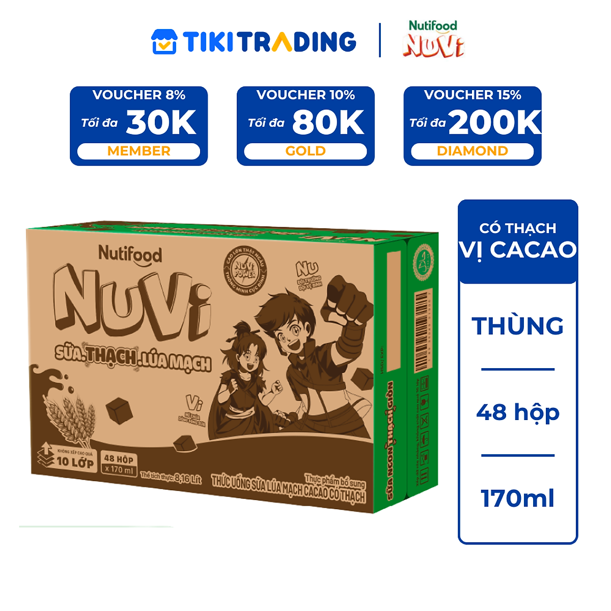 Thùng 48 hộp Sữa Lúa Mạch Cacao Có Thạch Nuvi 170ml - Phát Triển Chiều Cao, Tăng Cường Trí Nhớ
