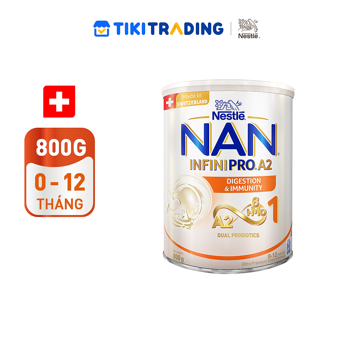Sữa bột Nestlé NAN INFINIPRO A2 1 với công thức đầu tiên chứa đạm A2, 6HMO   Lợi khuẩn kép nhập khẩu Thụy Sĩ - Hộp 800g cho bé 0 - 12 tháng