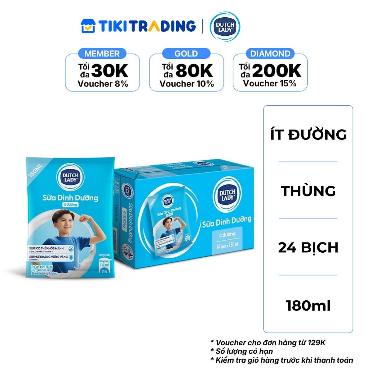 Thùng 24 Bịch Sữa Dinh Dưỡng Dutch Lady Ít Đường 24x180ml