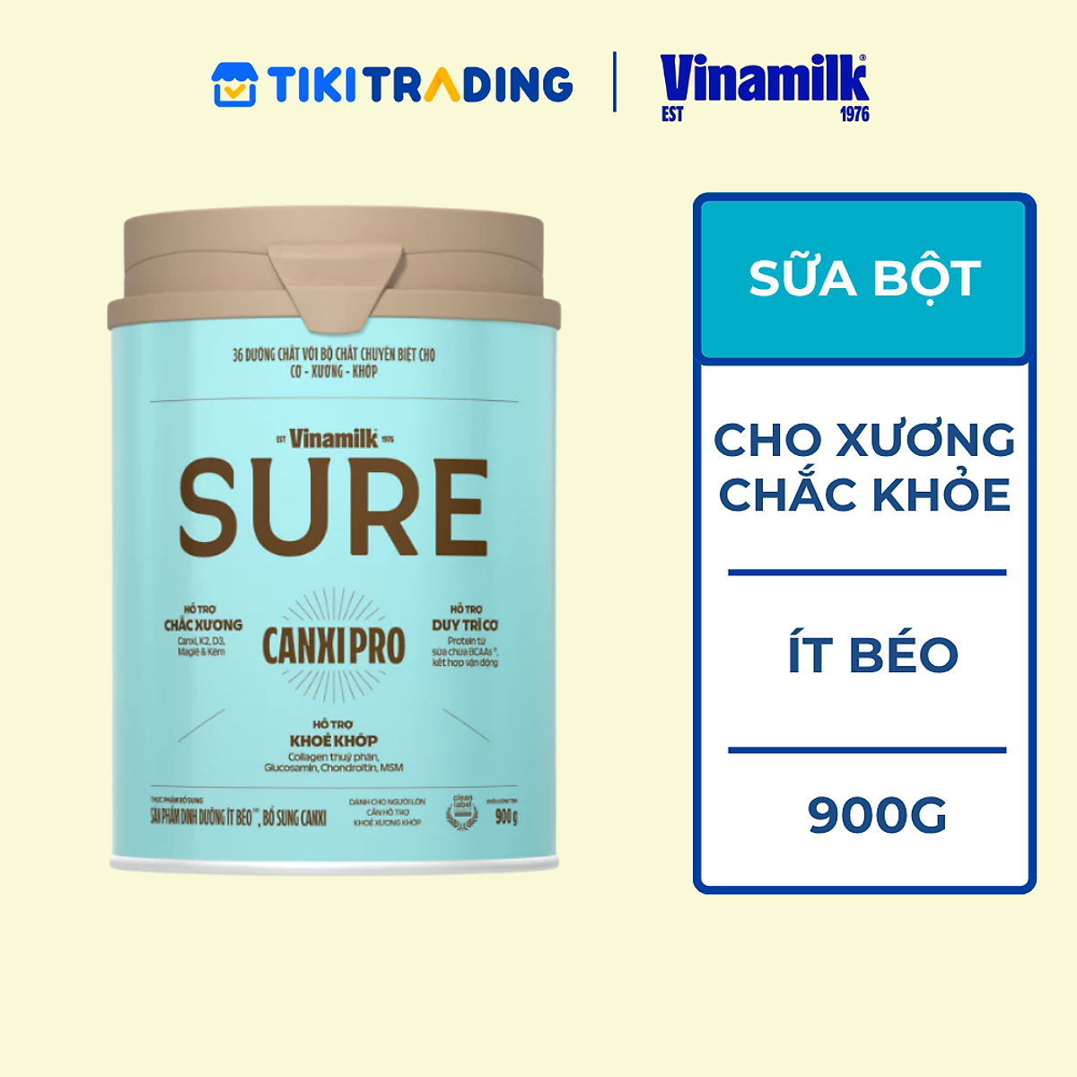 Sữa bột Vinamilk CanxiPro 900g (Hộp thiếc) - Sữa bổ sung Canxi cho người già cao tuổi, Tốt cho xương khớp - 900g