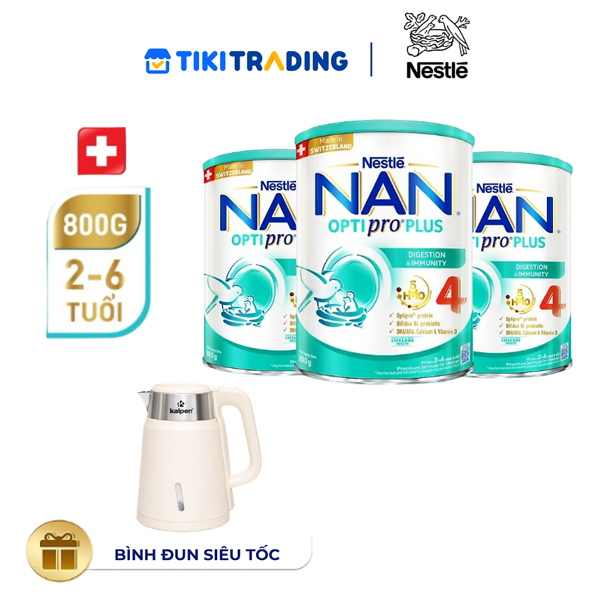 Bộ 3 lon Sữa bột Nestlé NAN OPTIPRO PLUS 4 800g/lon với 5HMO Giúp tiêu hóa tốt + Tăng cường đề kháng (Bé 2-6 tuổi) -Tặng Bình đun siêu tốc Gaabor
