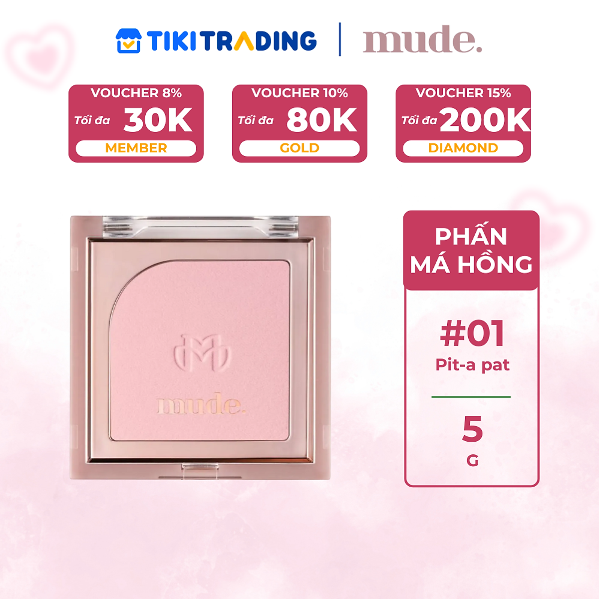 Phấn Má Hồng Mịn Lì Kiềm Dầu Chuẩn Màu mude Flutter Blusher (5g) - #01 Pit-a-pat