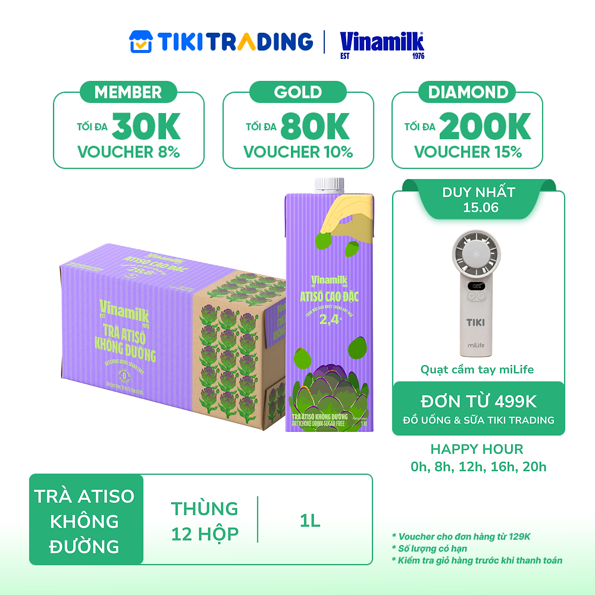 Thùng 12 hộp Trà Atisô không đường Vinamilk - Hộp giấy 1L
