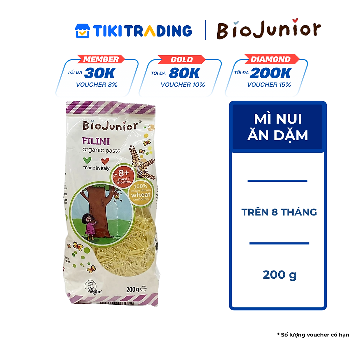 Mì ăn dặm hữu cơ cho bé dạng sợi Bio Junior 200g (Từ 8 tháng tuổi)