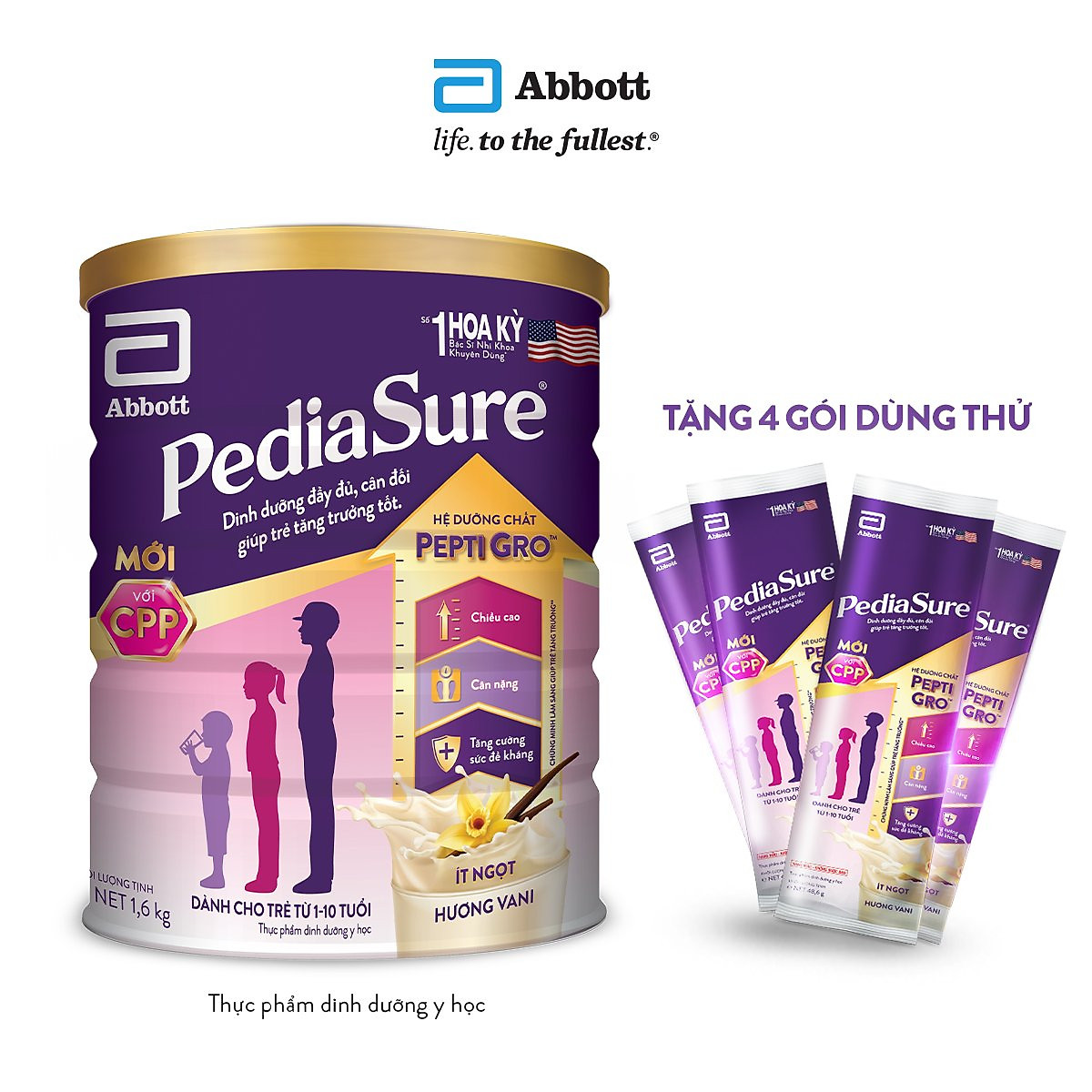 Thực phẩm dinh dưỡng y học Abbott Pediasure 1.6Kg - Tặng 4 sachet (Dành cho trẻ từ 1 - 10 tuổi)
