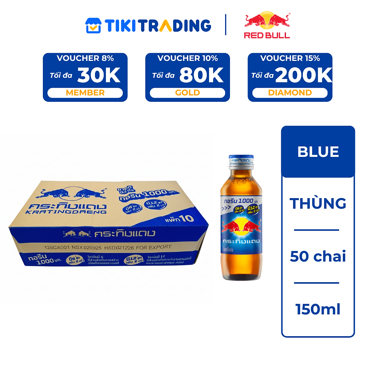 Thùng 50 chai Nước tăng lực Red Bull Blue với Vitamin B12 150ml