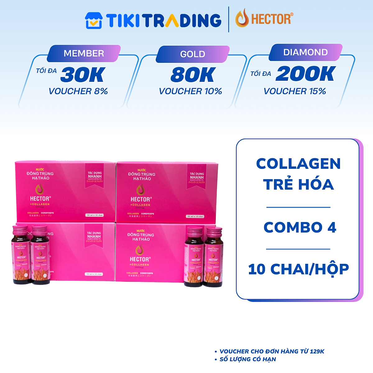 Combo 4 hộp 40 chai Đông trùng hạ thảo Hector Collagen Trẻ hóa nhanh