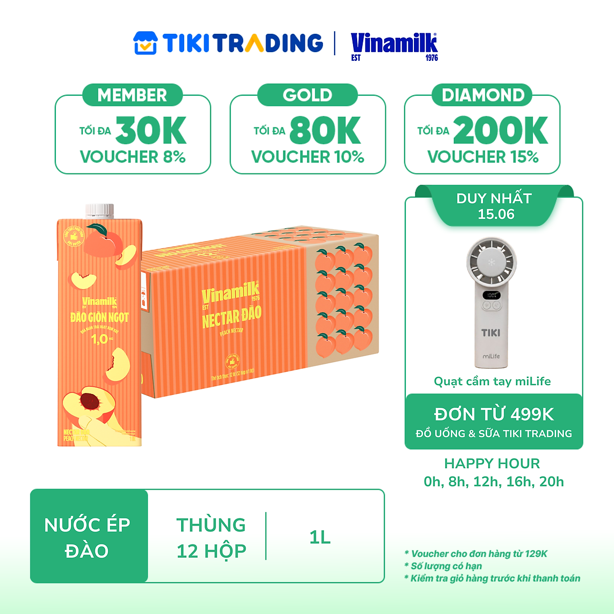 Thùng 12 hộp Nước Đào Ép Necta Vinamilk - Hộp giấy 1L