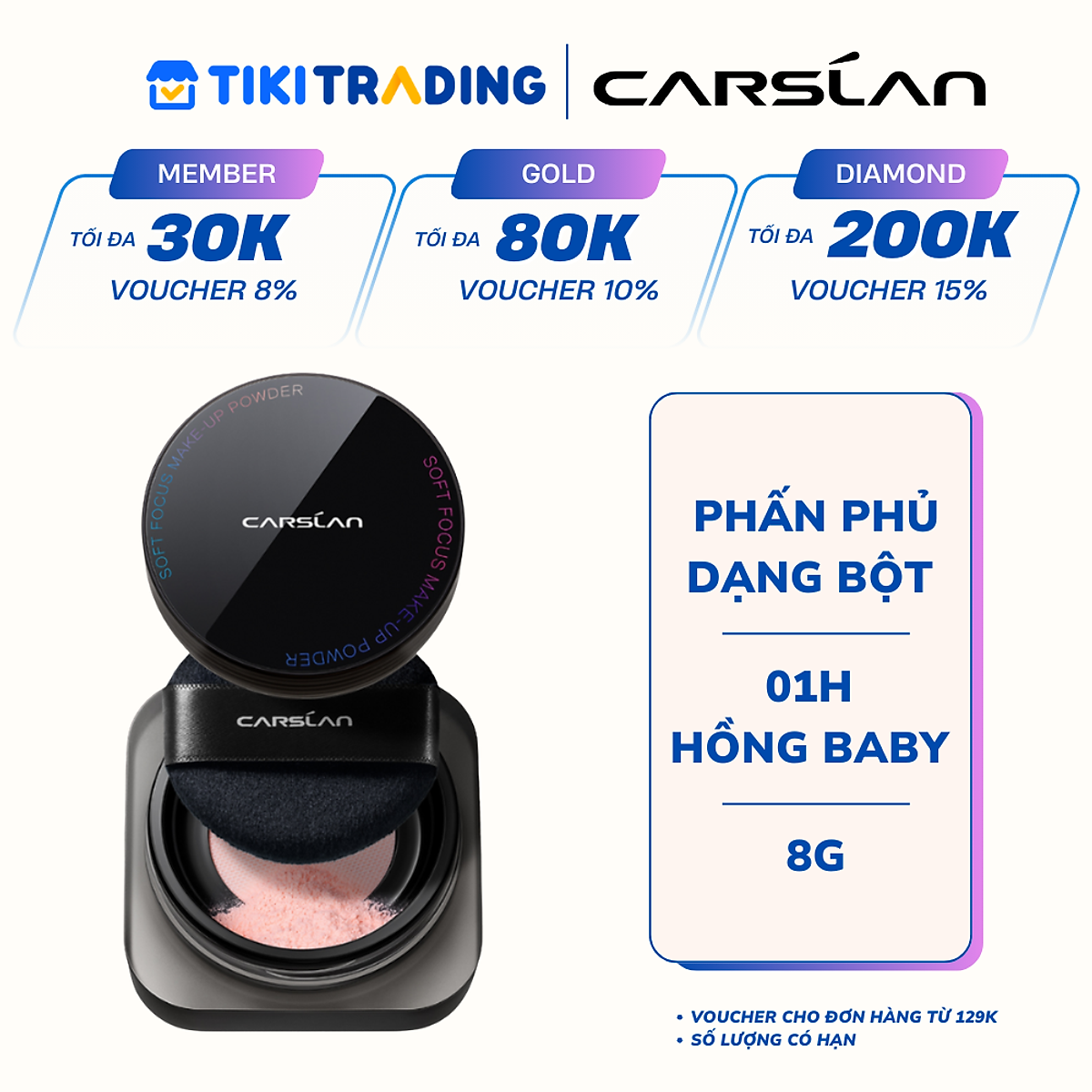 Phấn phủ CARSLAN dạng bột từ tính kiềm dầu màu đen chống nước chống mồ hôi che phủ bóng dầu cho mặt 8g - #01H Hồng Baby