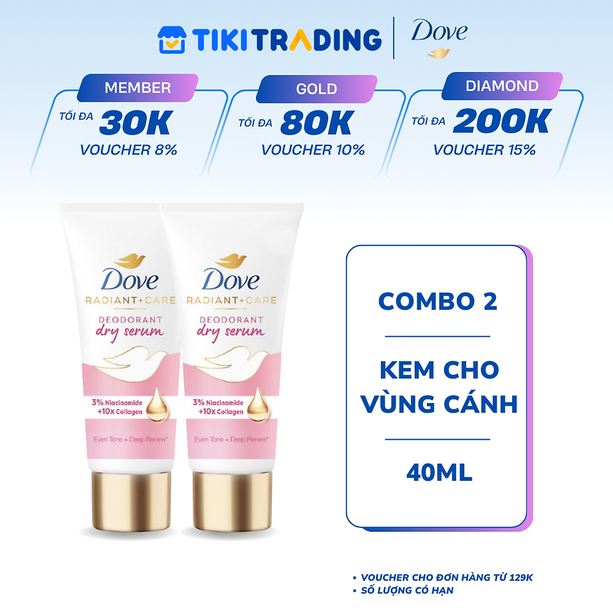 Combo 2 Kem ngăn mùi tinh chất serum vùng cánh cao cấp Dove dành cho nữ với 3% Niacinamide dưỡng da sáng mịn đều màu 40ml