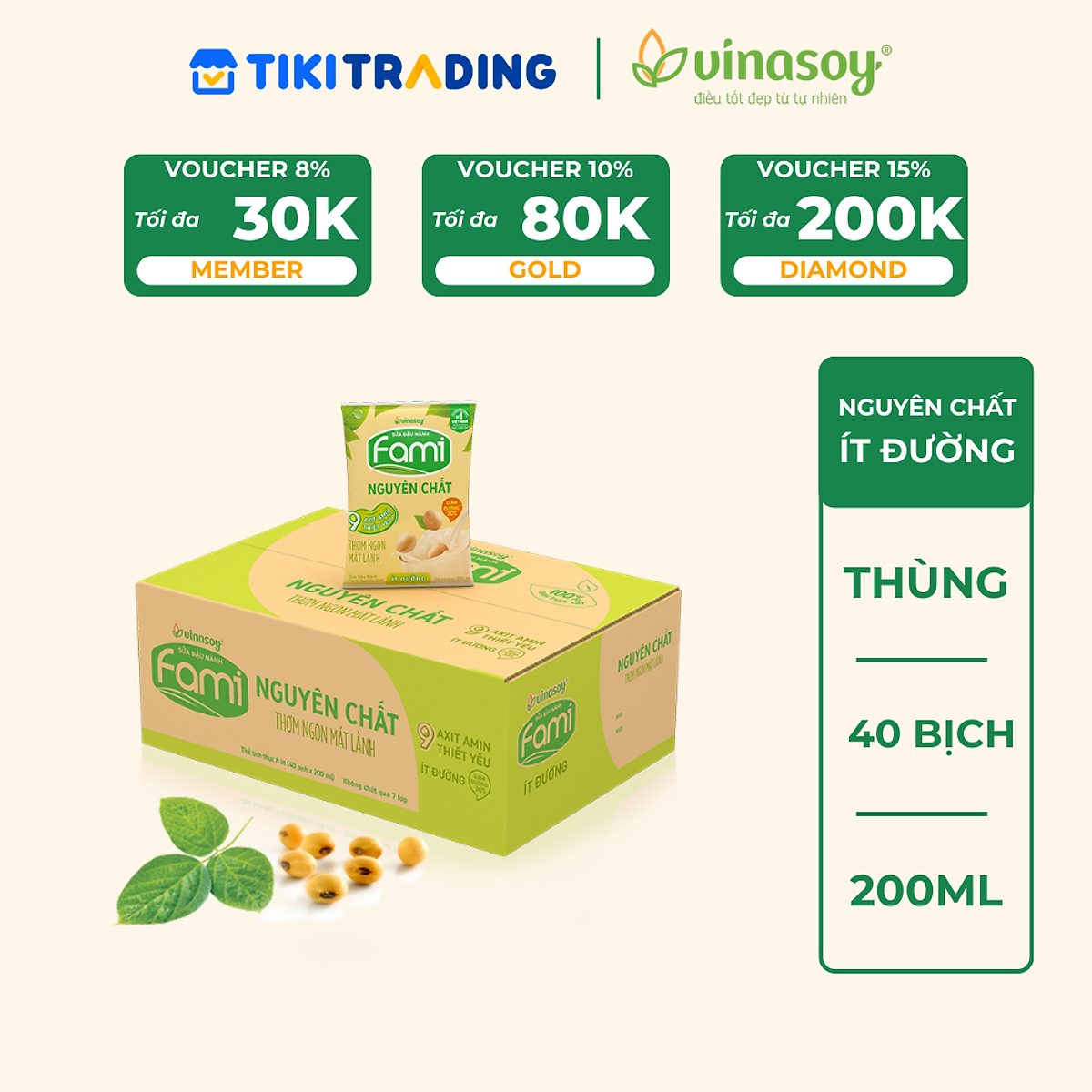 Thùng Sữa đậu nành Vinasoy Fami Nguyên Chất ít đường (200ml x 40 bịch)