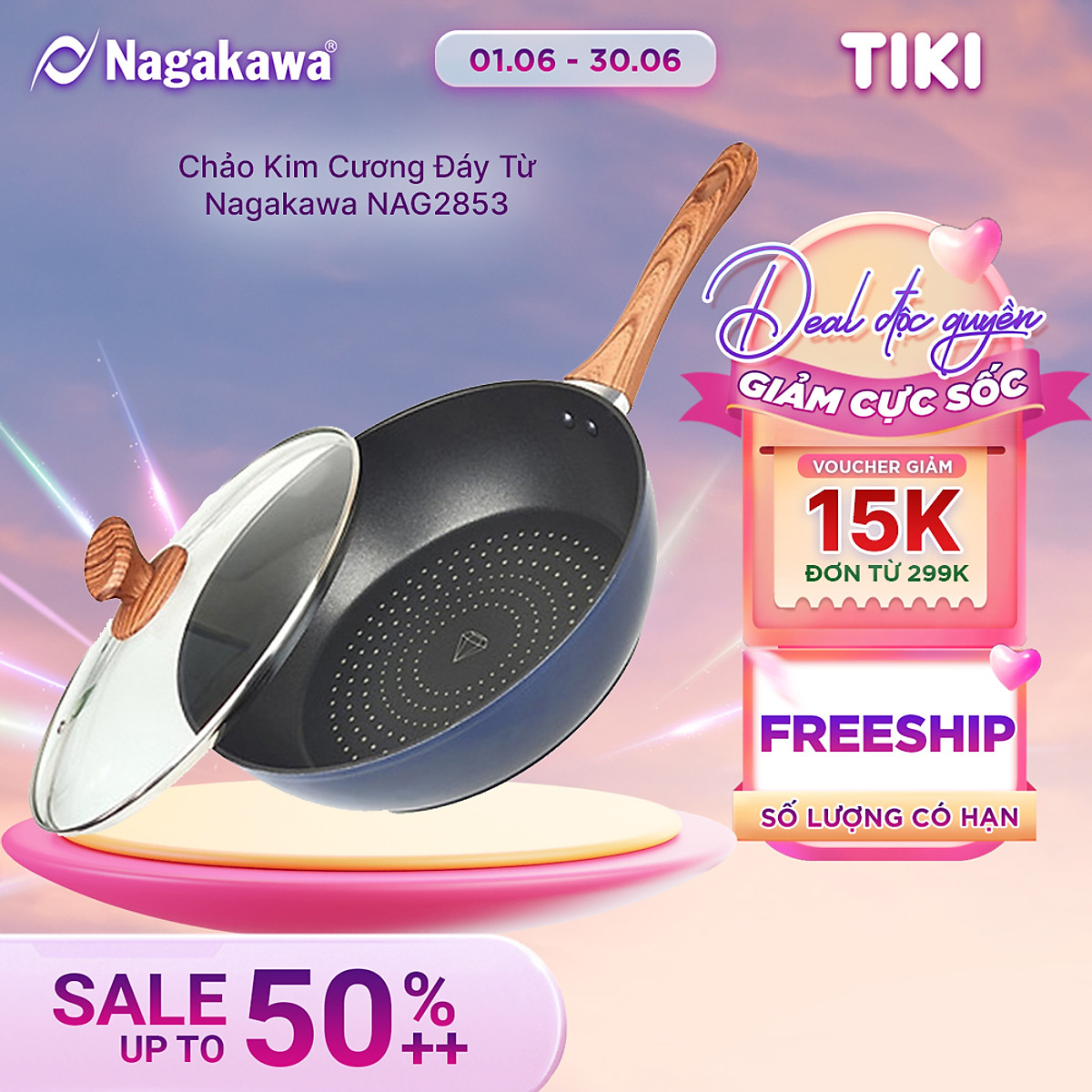 Chảo Sâu Lòng NAG2853 Đáy Từ 5 Lớp Chống Dính Vung Kính Siêu Bền Nagakawa (28cm) - Dùng Trên Mọi Loại Bếp - Hàng Chính Hãng