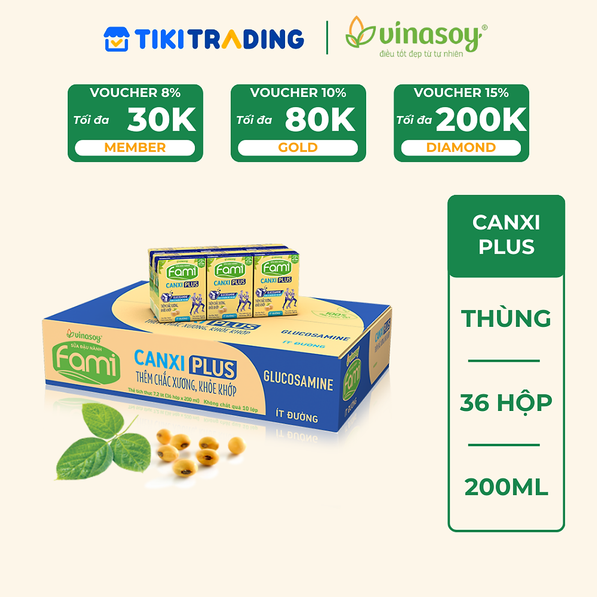 Thùng sữa đậu nành Vinasoy Fami Canxi Plus ít đường hộp (200ml x 36 hộp)
