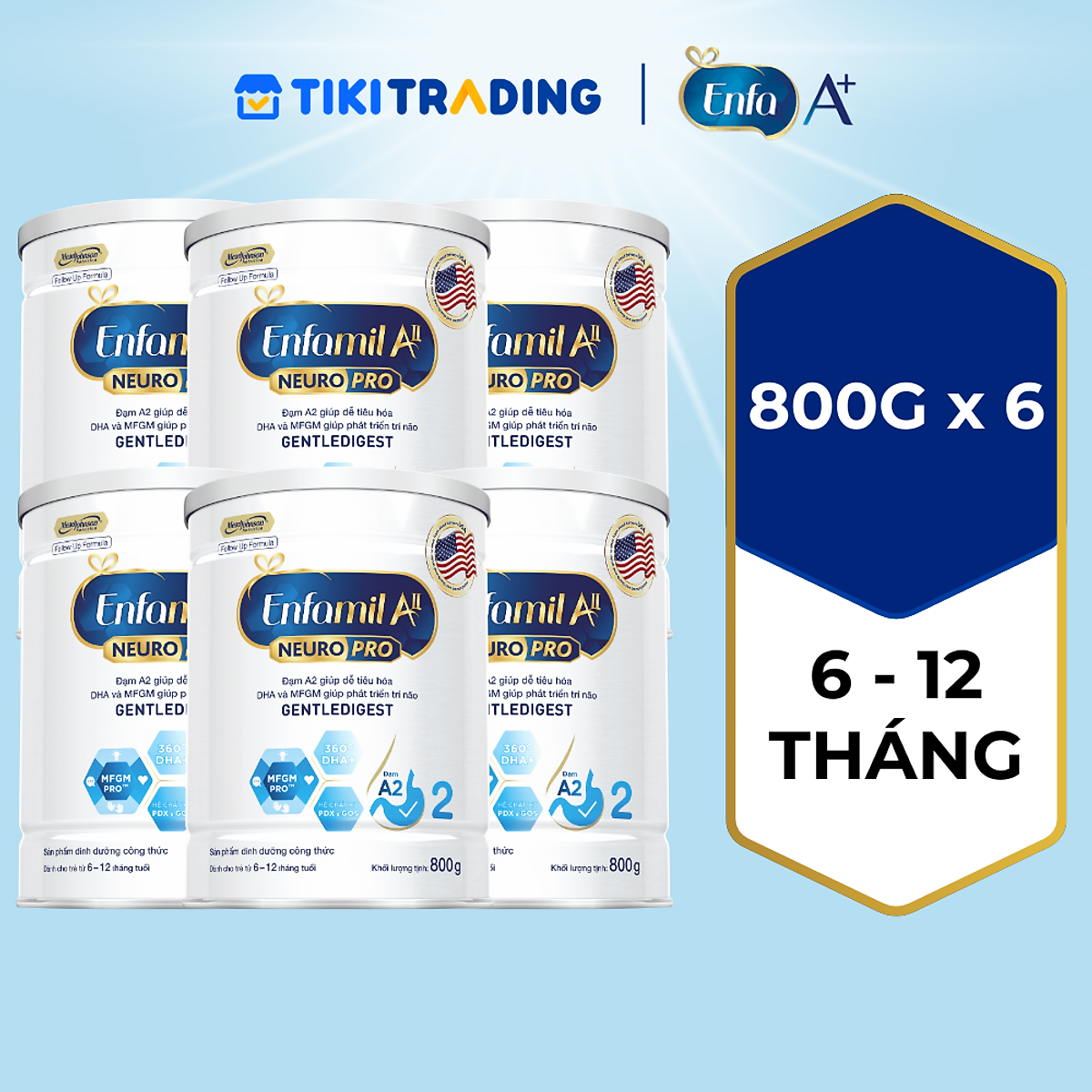 Bộ 6 lon sữa bột Enfamil A2 Neuropro 2 giúp dễ tiêu hóa, hấp thu cho trẻ từ 6-12 tháng tuổi– 800g/lon