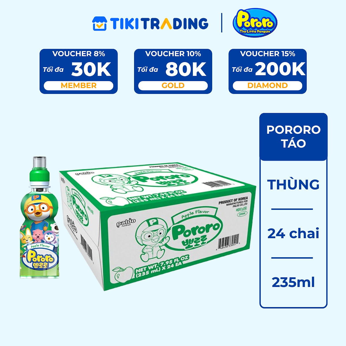 Thùng 24 Chai Nước Uống Pororo Hương Vị Táo  235ml