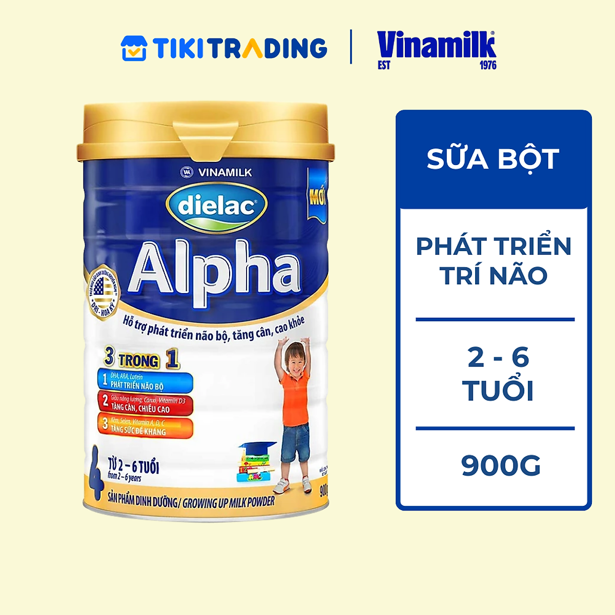Sữa bột Vinamilk Dielac Alpha 4 - Hộp thiếc 900g (dành cho trẻ 2-6 tuổi)