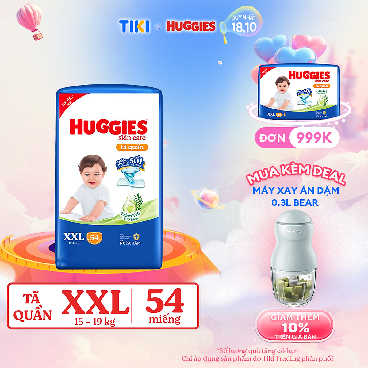 Tã/bỉm quần Huggies Skin Care Super Jumbo XXL54 miếng với tràm trà dịu da