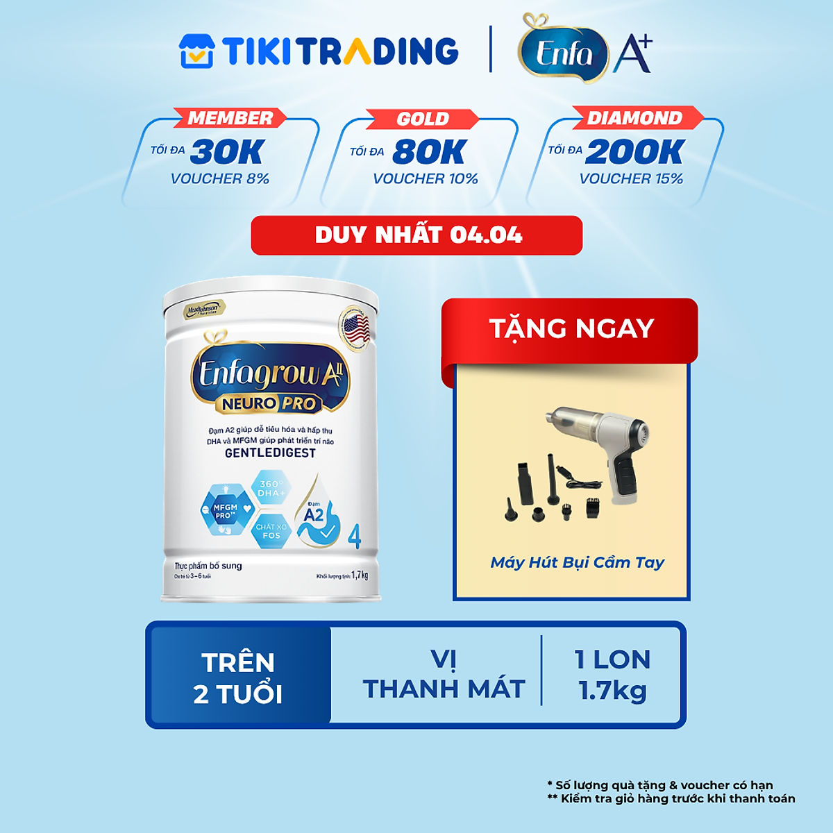 Sữa bột Enfagrow A2 Neuropro 4 1.7kg giúp dễ tiêu hóa, hấp thu dành cho trẻ 3-6 tuổi