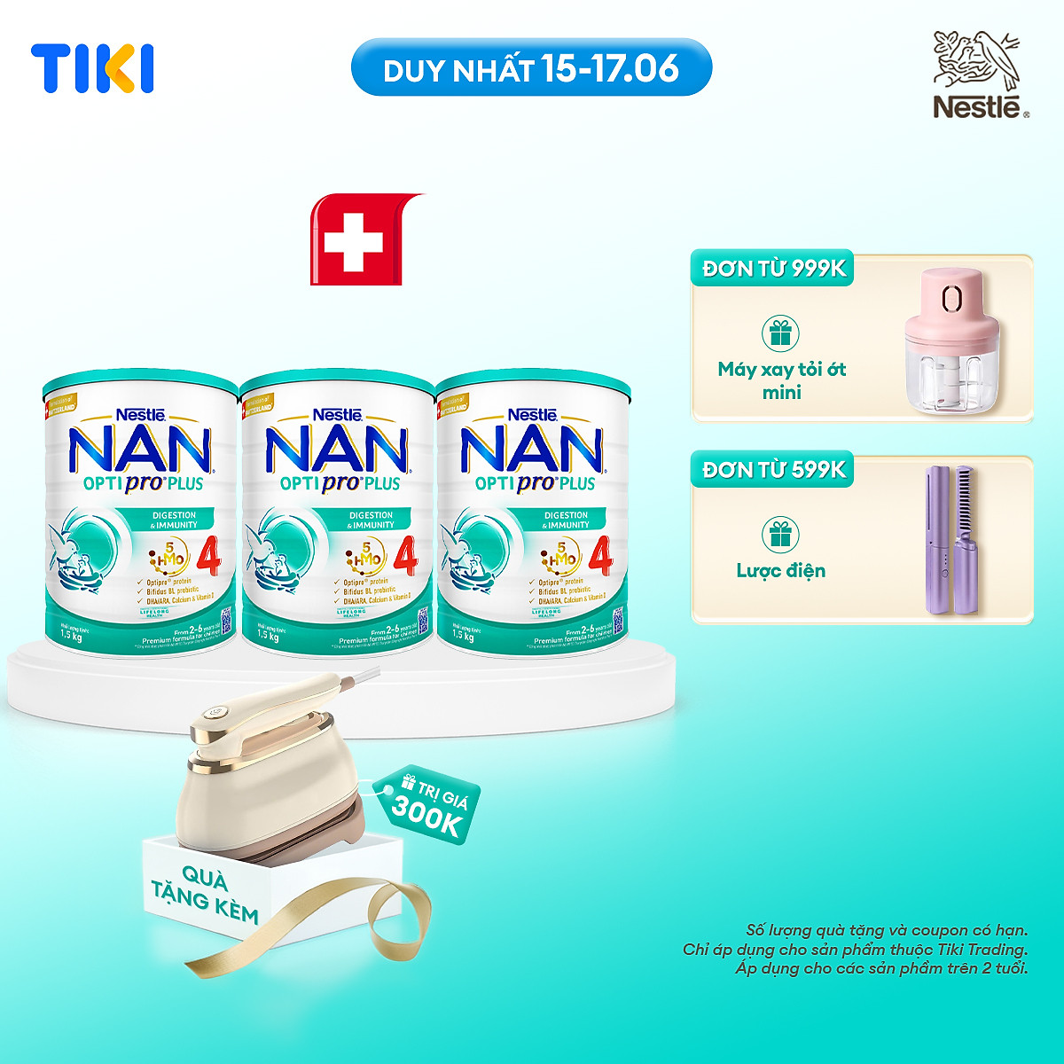 Bộ 3 lon Sữa bột NAN OPTIPRO PLUS 4 Nestle Bé 2-6 tuổi 1500g/lon Giúp tiêu hóa tốt - Tặng Bàn ủi khô   hơi nước cầm tay Gaabo