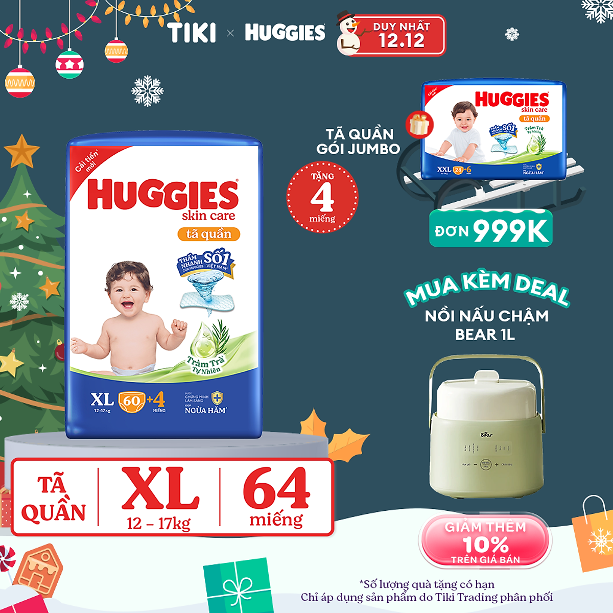 Tã/bỉm quần Huggies Skin Care Super Jumbo XL60+4