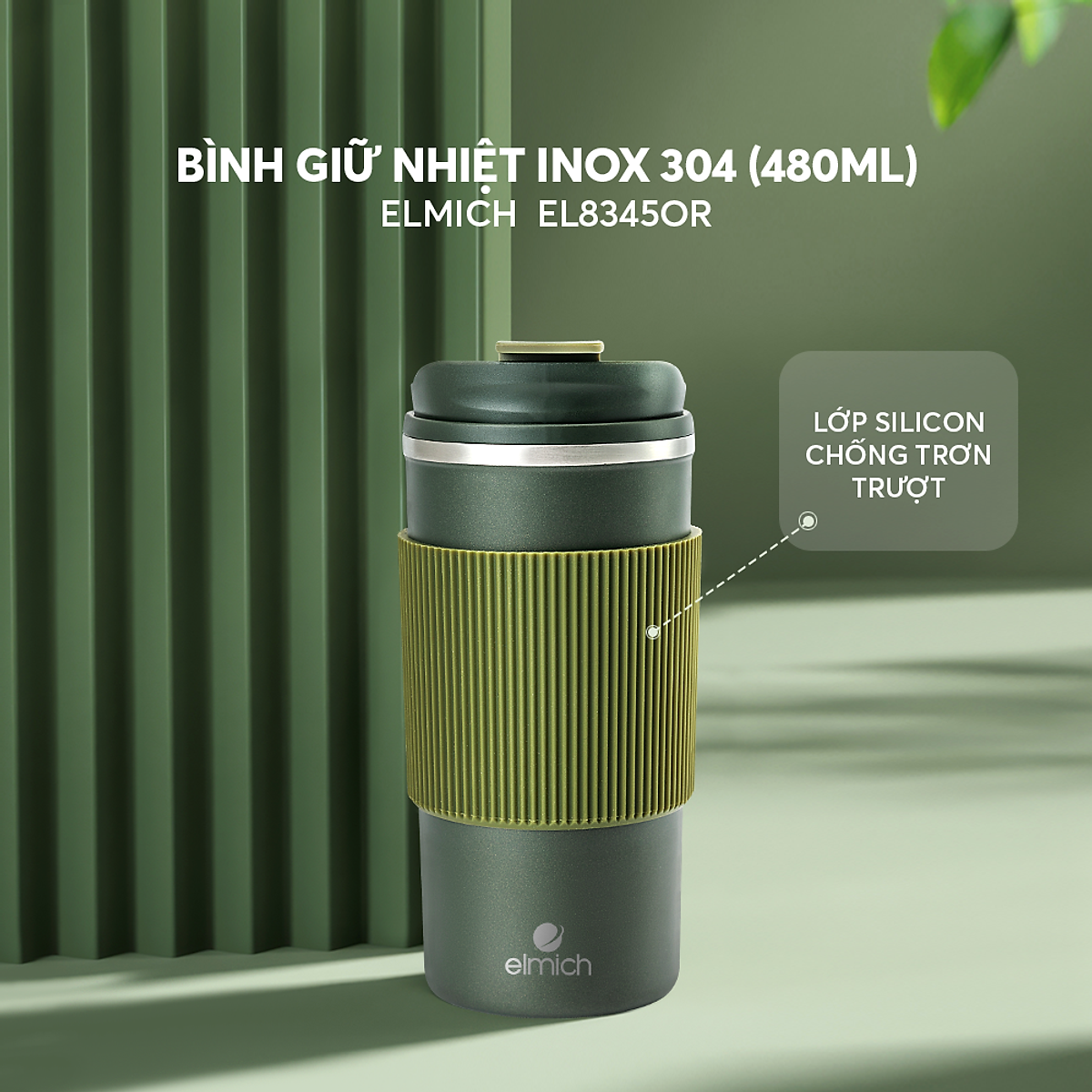 Cốc giữ nhiệt inox 304 Elmich EL8345 dung tích 480ML - Hàng Chính Hãng - Màu Xanh Lá Đậm