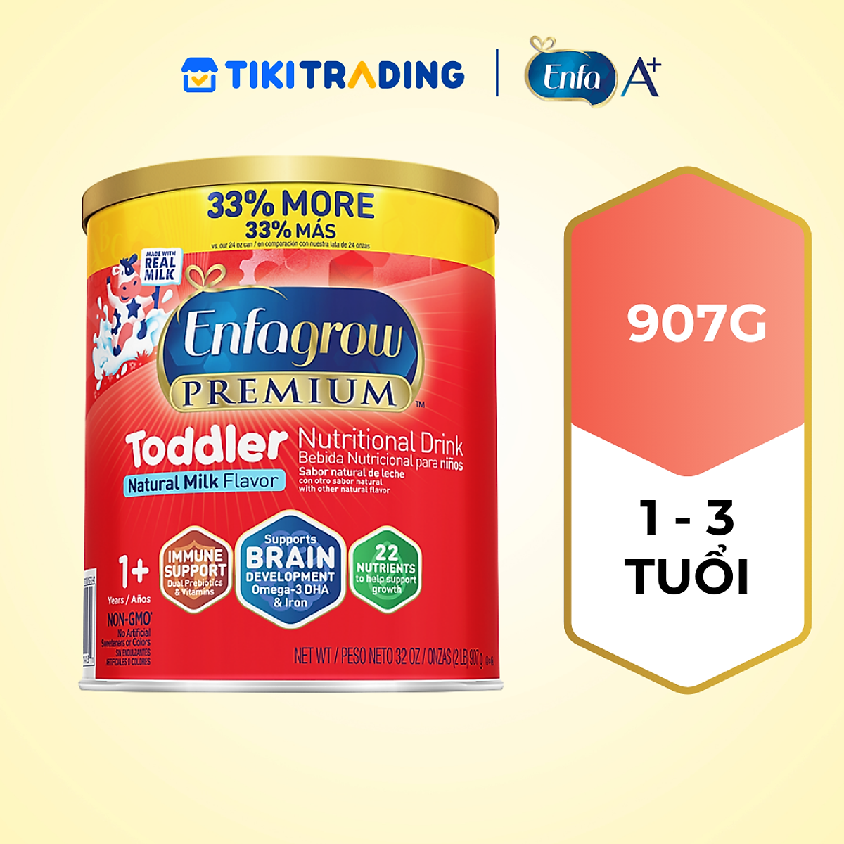 Sữa bột Enfagrow Premium Toddler 907g hỗ trợ phát triển toàn diện cho trẻ từ 1-3 tuổi