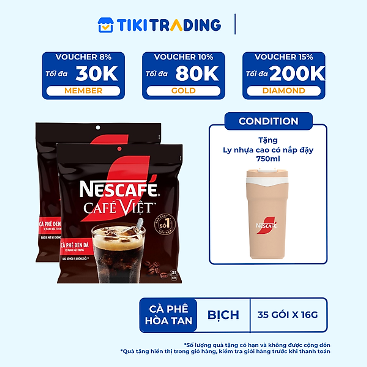 [Tặng bộ 2 ly thủy tinh] Combo 2 Bịch Cà phê đen hòa tan NESCAFE Café Việt (Túi 35 gói x 16g)