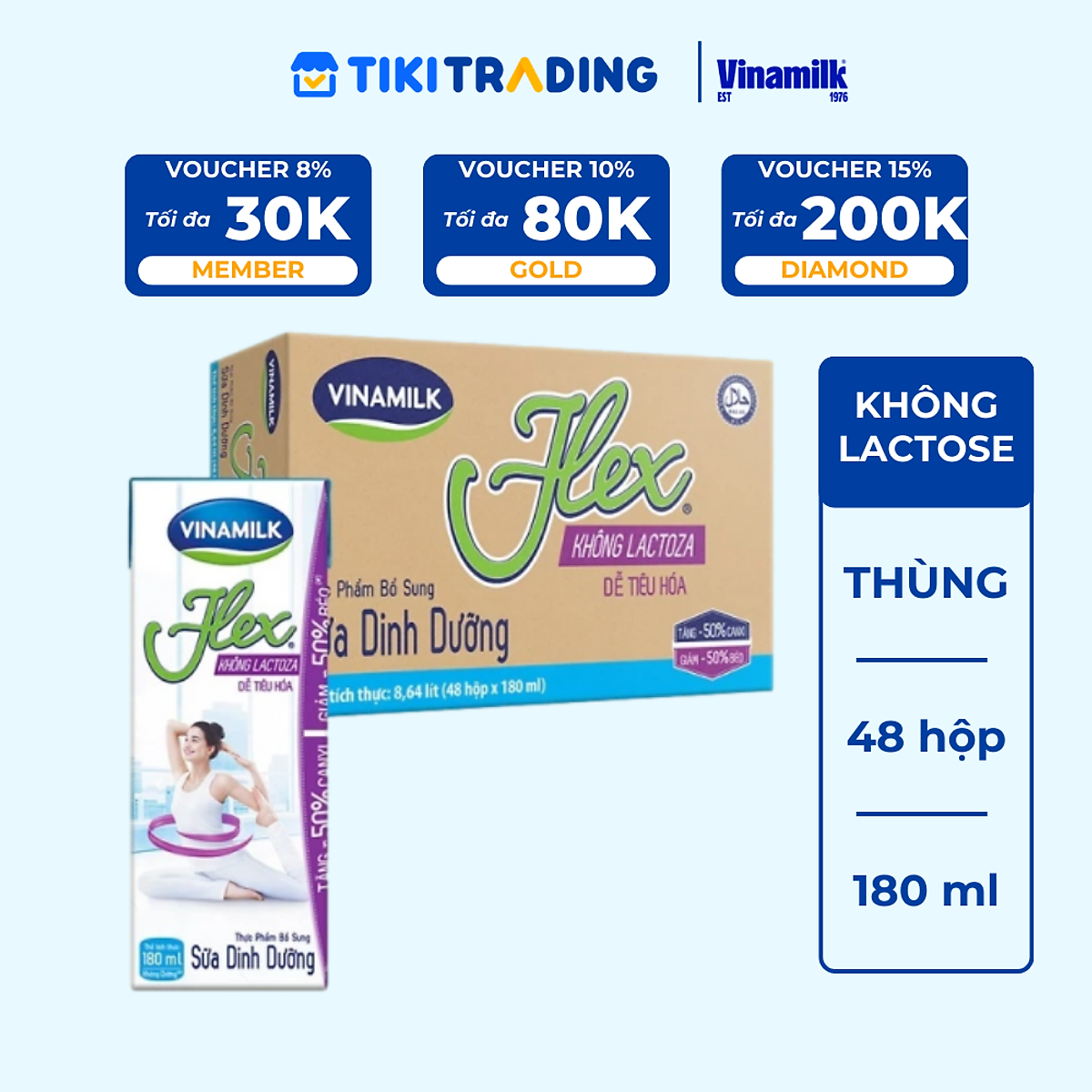 Thùng 48 Hộp Sữa tiệt trùng Vinamilk Flex không Lactose 180ml