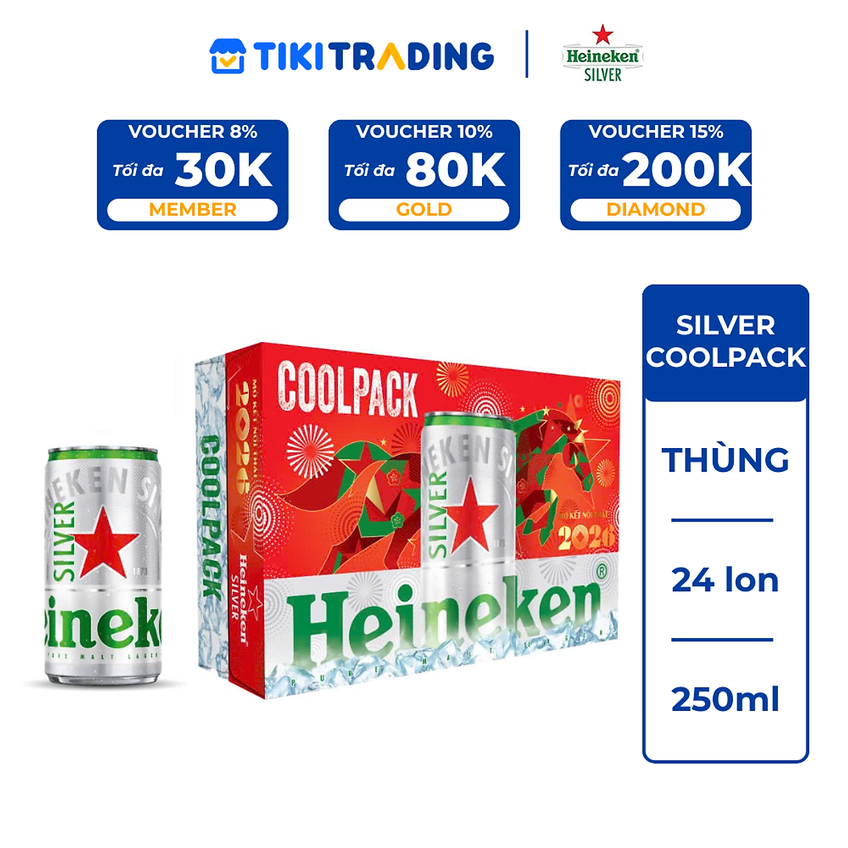 Thùng 24 lon bia Heineken Silver Coolpack 250ml/lon