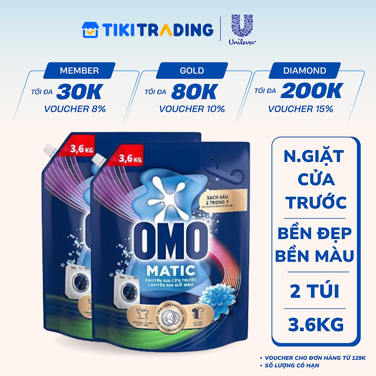 Combo 2 Túi Nước Giặt Omo Matic Bền Đẹp Bền Màu Cho Máy Giặt Cửa Trước 3.6KG
