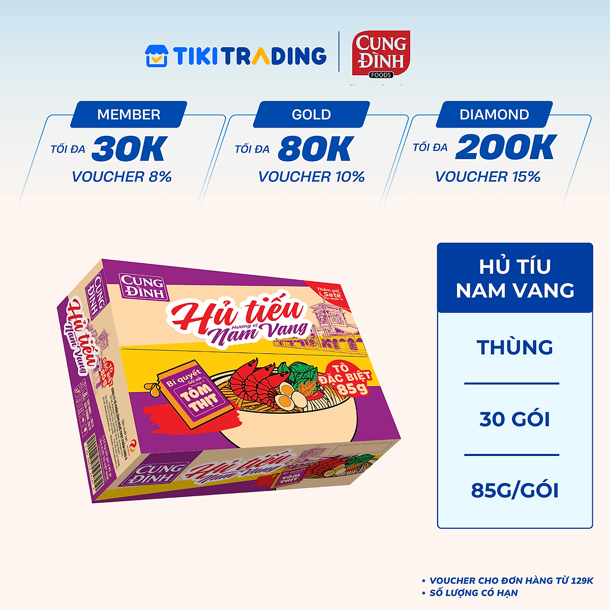 Thùng 30 gói Hủ Tiếu Nam Vang Cung Đình (85g x 30 gói)