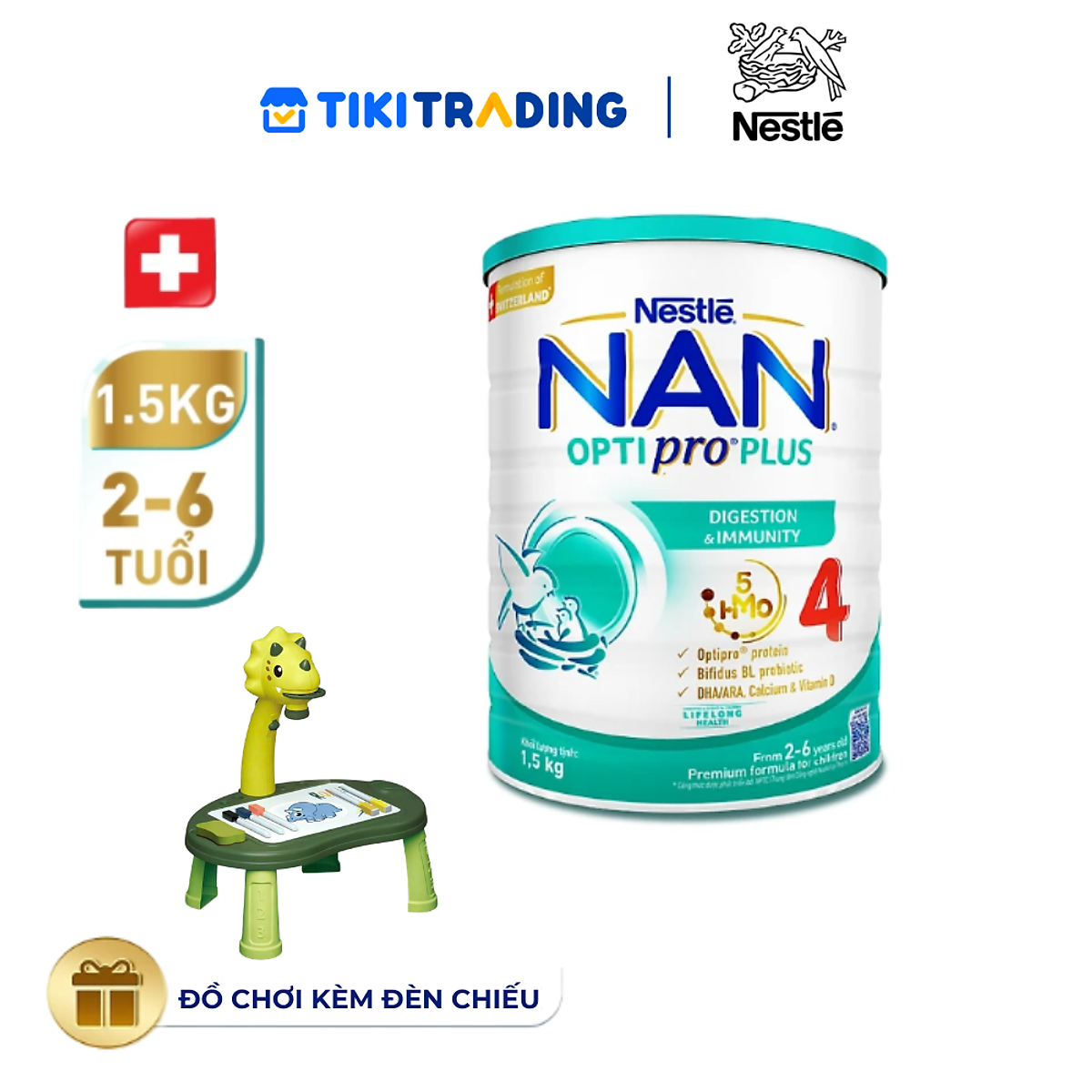 Sữa bột Nestlé NAN OPTIPRO PLUS 4 1500g/lon với 5HMO Giúp tiêu hóa tốt + Tăng cường đề kháng (2 - 6 tuổi) - Tặng Đồ chơi toán học cân bằng