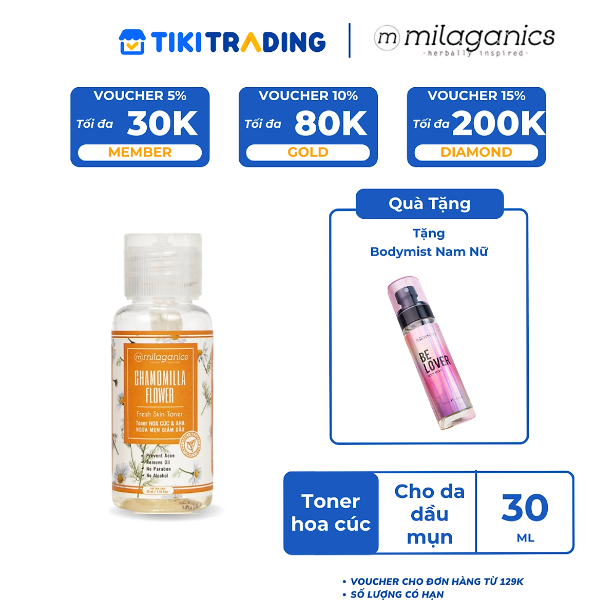 Toner Hoa Cúc   AHA Ngừa Mụn, Kiềm Dầu - Nước Hoa Hồng Dành Cho Da Dầu Mụn MILAGANICS - 30ml