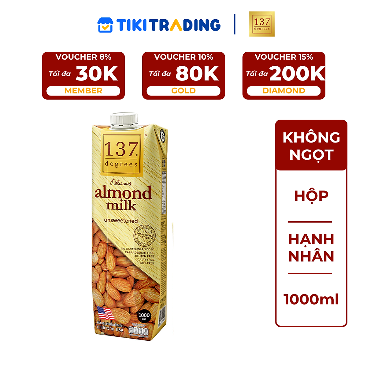 Sữa hạt Hạnh nhân Không đường 137 DEGREES 1000ml - ĐƠN 399K TẶNG TÚI