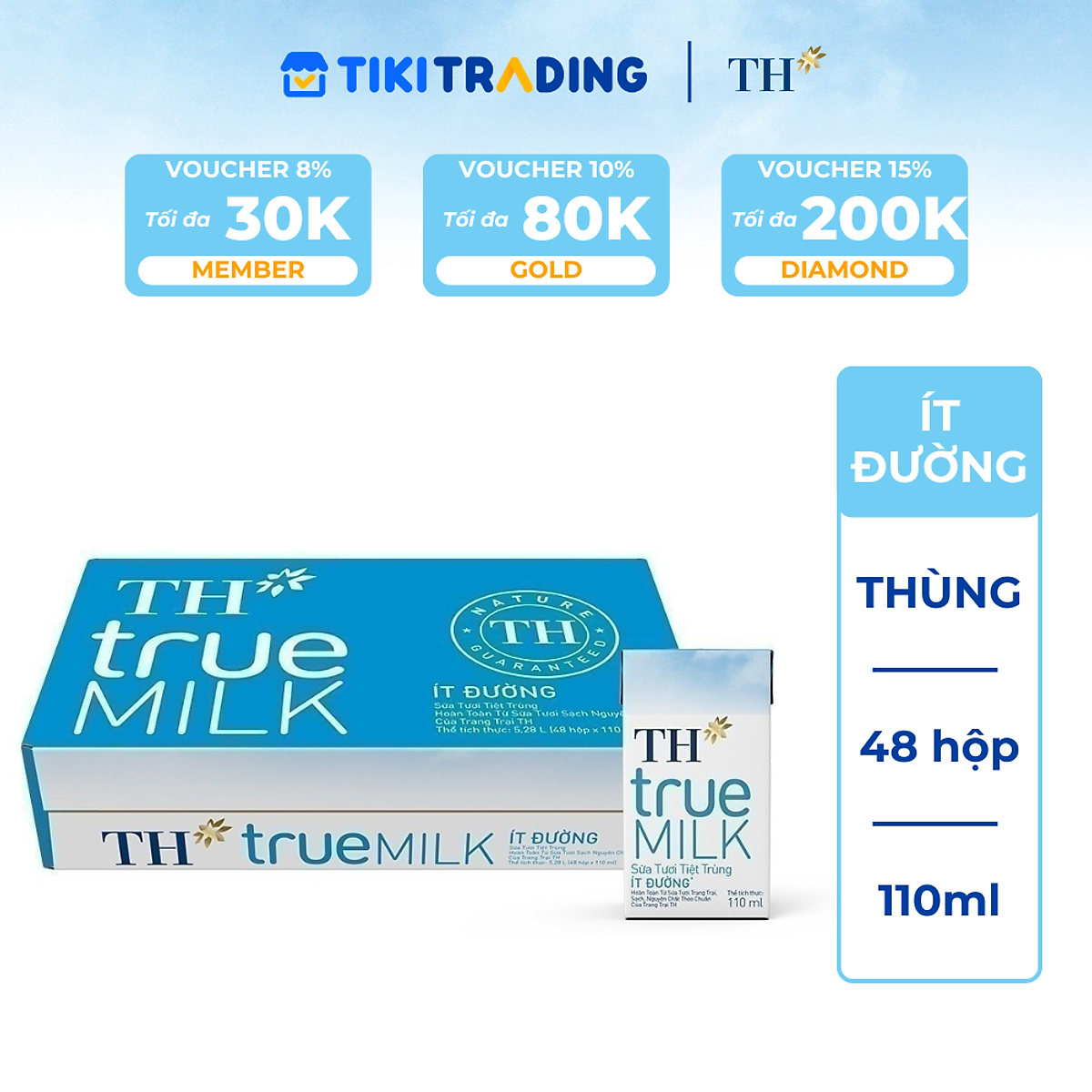 Thùng 48 hộp sữa tươi tiệt trùng TH True Milk  ít đường 110ml